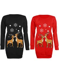 Etsy Cute Kissing Reindeer Christmas Snowflakes Party Long Jumper Dress - Black