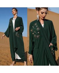 Etsy Elegant Modest Cardigan Duster Abaya Dubai Wrap Over Style Open Hijab Muslim Dress Long Sleeve Long Length Maxi Kimono Robe - Green