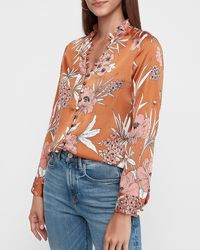 Express Slim Fit Satin Floral Print Ruffle Collar Portofino Shirt Orange Print
