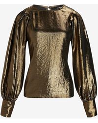 Express Gold Foil Pleated Balloon Sleeve Top Gold - Metallic