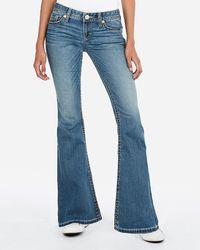 Express Low Rise Thick Stitch Bell Flare Jeans, - Blue