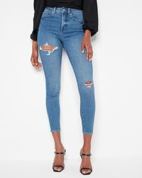 Express High Waisted Medium Wash Ripped Skinny Jeans - Blue