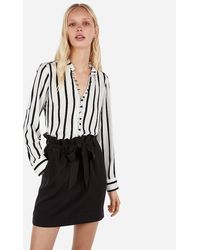 Express Petite Slim Fit Striped Ruffle Collar Portofino Shirt Black And White Stripe Xxs Petite