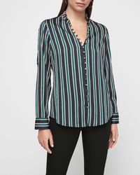 Express Original Fit Striped Satin Ruffle Collar Portofino Shirt Blue Stripe