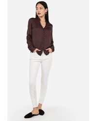 Express Slim Fit Satin Printed Ruffle Collar Portofino Shirt Purple Print