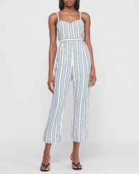 Express Striped Linen-blend Cross-back Wrap Jumpsuit Blue 00