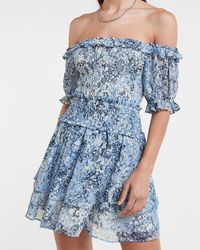 Express Printed Off The Shoulder Puff Sleeve Top Blue Print