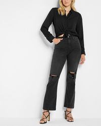 Express Conscious Edit High Waisted Black Ripped 90s Bootcut Jeans