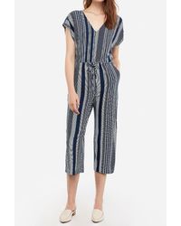 Express Printed V-neck Drawstring Culotte Jumpsuit Navy Stripe Xs - Blue