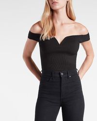 Express Bodycon Ribbed Off The Shoulder Thong Bodysuit Black S