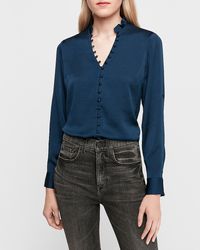 Express Slim Ruffle Covered Button Portofino Shirt Blue Xxs