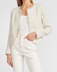 Express Open Front Tweed Boucle Cropped Business Blazer White Print