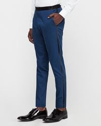 Express Extra Slim Marine Blue Cotton-blend Satin Stretch Tuxedo Pants Blue W28 L28