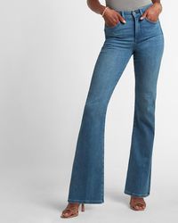 Express High Waisted Medium Wash Flare Jeans - Blue