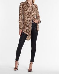 Express Leopard Pleated Shoulder Portofino Shirt Leopard - Multicolour