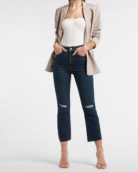 Express High Waisted Ripped Raw Hem Cropped Flare Jeans - Blue