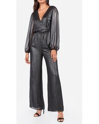 Express Metallic Surplice Side Tie Wide Leg Palazzo Jumpsuit Black Stripe