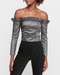 Express Metallic Ruffle Off The Shoulder Crop Top Grey - Gray