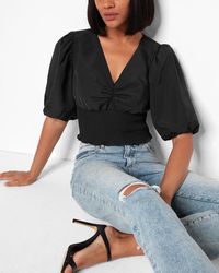 Express Puff Sleeve Smocked Crop Top Pitch Black