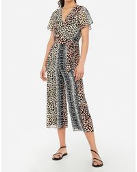 Express Animal Print Surplice Flutter Sleeve Tie Waist Jumpsuit Brown Print