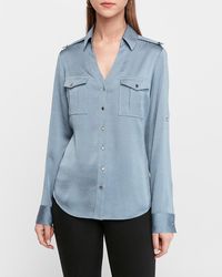 Express Slim Fit Satin Military Portofino Shirt Blue Xxs