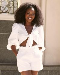 Express Linen-blend Puff Sleeve Tie 