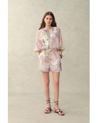 Fabrique - Yori Handpainted Floral Print Sheer Beaded Puff Sleeve Blouse - Lyst
