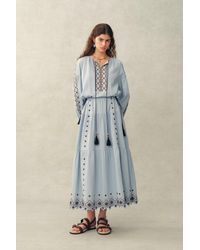 Fabrique - Briana Boho Embroidered Drawstring Long Puff Sleeve Dress - Lyst