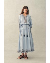 Fabrique - Briana Boho Embroidered Drawstring Long Puff Sleeve Dress - Lyst