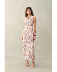 Fabrique - Alice Handpainted Floral Bias Cut Ruffed Sleeveless Dress - Lyst