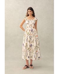 Fabrique - Eliana Handpainted Freesia Ruffle Trim Wide Strap Sleeveless Dress - Lyst