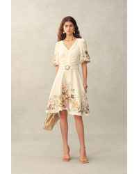Fabrique - Eve Handpainted Floral Belted Puff Sleeves Dress - Lyst