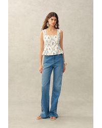 Fabrique - Elara Pleated Floral Square Neck Pearl Button Sleeveless Top - Lyst