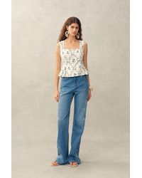 Fabrique - Elara Pleated Floral Square Neck Pearl Button Sleeveless Top - Lyst