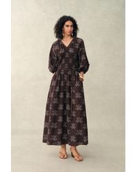 Fabrique - Cleo Smocked Handpainted Floral Puff Sleeve Midi Dress - Lyst