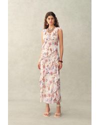 Fabrique - Alice Handpainted Floral Bias Cut Ruffed Sleeveless Dress - Lyst