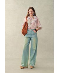 Fabrique - Yori Handpainted Floral Print Sheer Beaded Puff Sleeve Blouse - Lyst