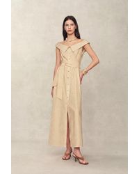 Fabrique - Claudia Striped Off Shoulder Collared Belted Sleeveless Shirt Dress - Lyst