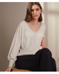 Falconeri - V-Neck Silk And Cotton Jumper With Balloon Sleeves - Lyst