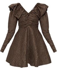 Ganni - V-Neck Checked Mini Dress - Lyst