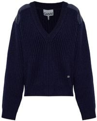 Ganni - V-Neck Ribbed-Knit Sweater - Lyst