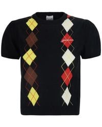 Ganni - Argyle-Pattern Logo-Embroidered T-Shirt - Lyst