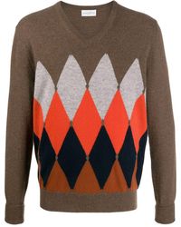 Ballantyne Argyle Knit V-neck Jumper - Brown