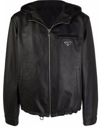 Prada - Logo-plaque Hooded Leather Jacket - Lyst