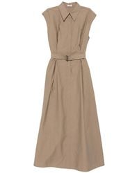 Brunello Cucinelli - Robe Mi-Longue Sans Manches À Taille Ceinturée - Lyst