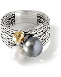 John Hardy - 18kt Gold Carved Chain Freshwater Pearl And Tahitian Pearl Multi Row Ring - Lyst