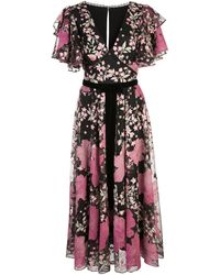 Marchesa notte Vestido con volantes y bordado floral - Negro