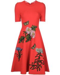Oscar de la Renta Jurk Met Geborduurde Bloemen - Rood