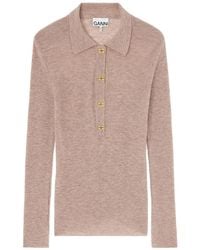 Ganni - Ribbed-Knit Long-Sleeved Polo Top - Lyst