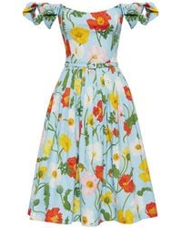 Oscar de la Renta - Painted Poppies-Print Cotton Midi Dress - Lyst
